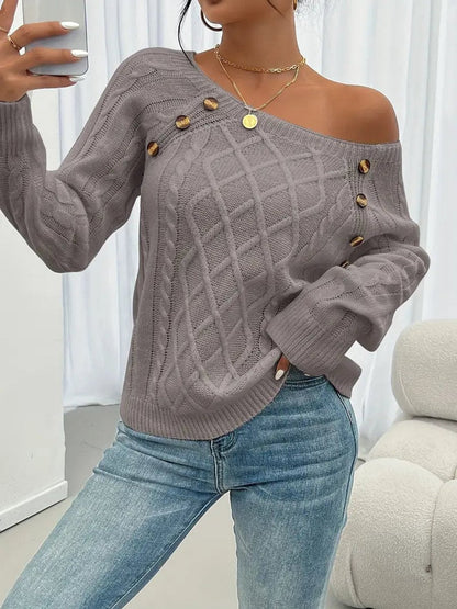 Women's Cable Knit Sweater Round Neck Button Detail Jumper - Variant Style 12 | Lavisa