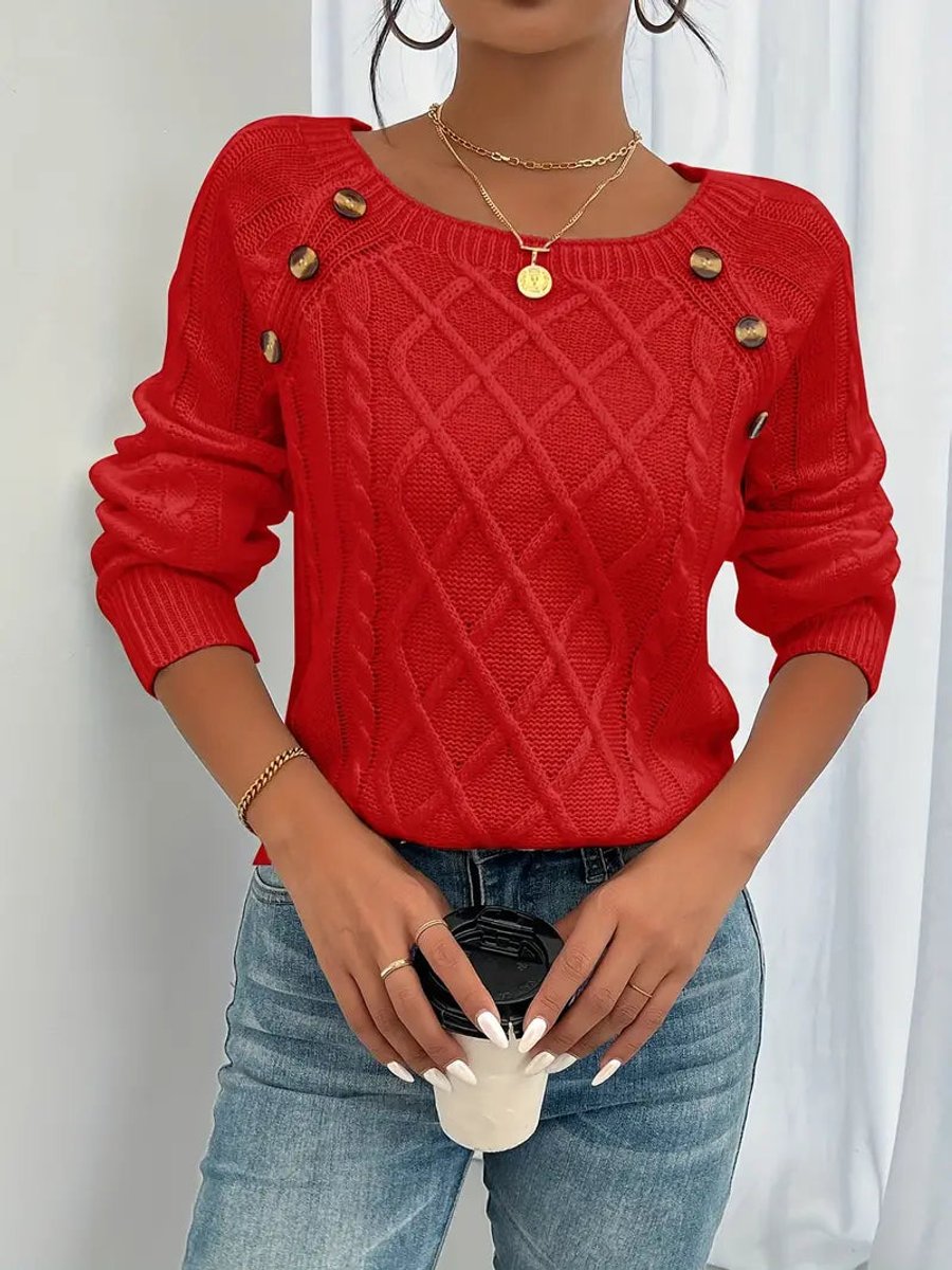 Women's Cable Knit Sweater Round Neck Button Detail Jumper - Variant Style 13 | Lavisa