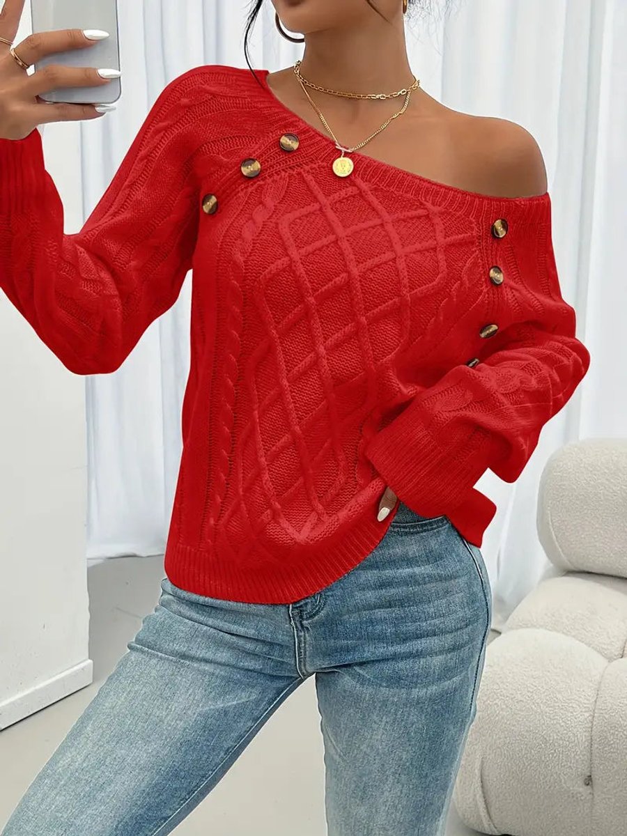 Women's Cable Knit Sweater Round Neck Button Detail Jumper - Variant Style 14 | Lavisa