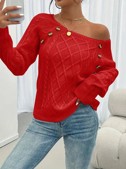 Women's Cable Knit Sweater Round Neck Button Detail Jumper - Variant Style 14 | Lavisa
