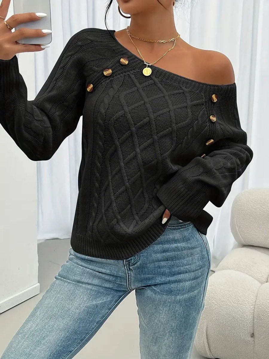 Women's Cable Knit Sweater Round Neck Button Detail Jumper - Close-Up Texture & Detail | Lavisa