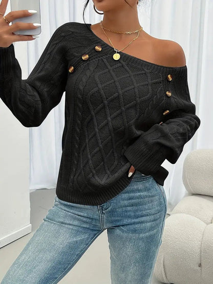 Women's Cable Knit Sweater Round Neck Button Detail Jumper - Close-Up Texture & Detail | Lavisa