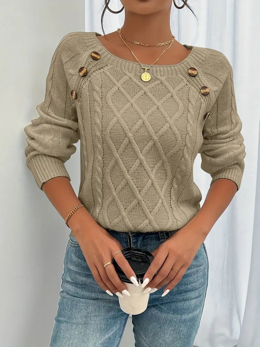 Women's Cable Knit Sweater Round Neck Button Detail Jumper - Sole & Material View | Lavisa