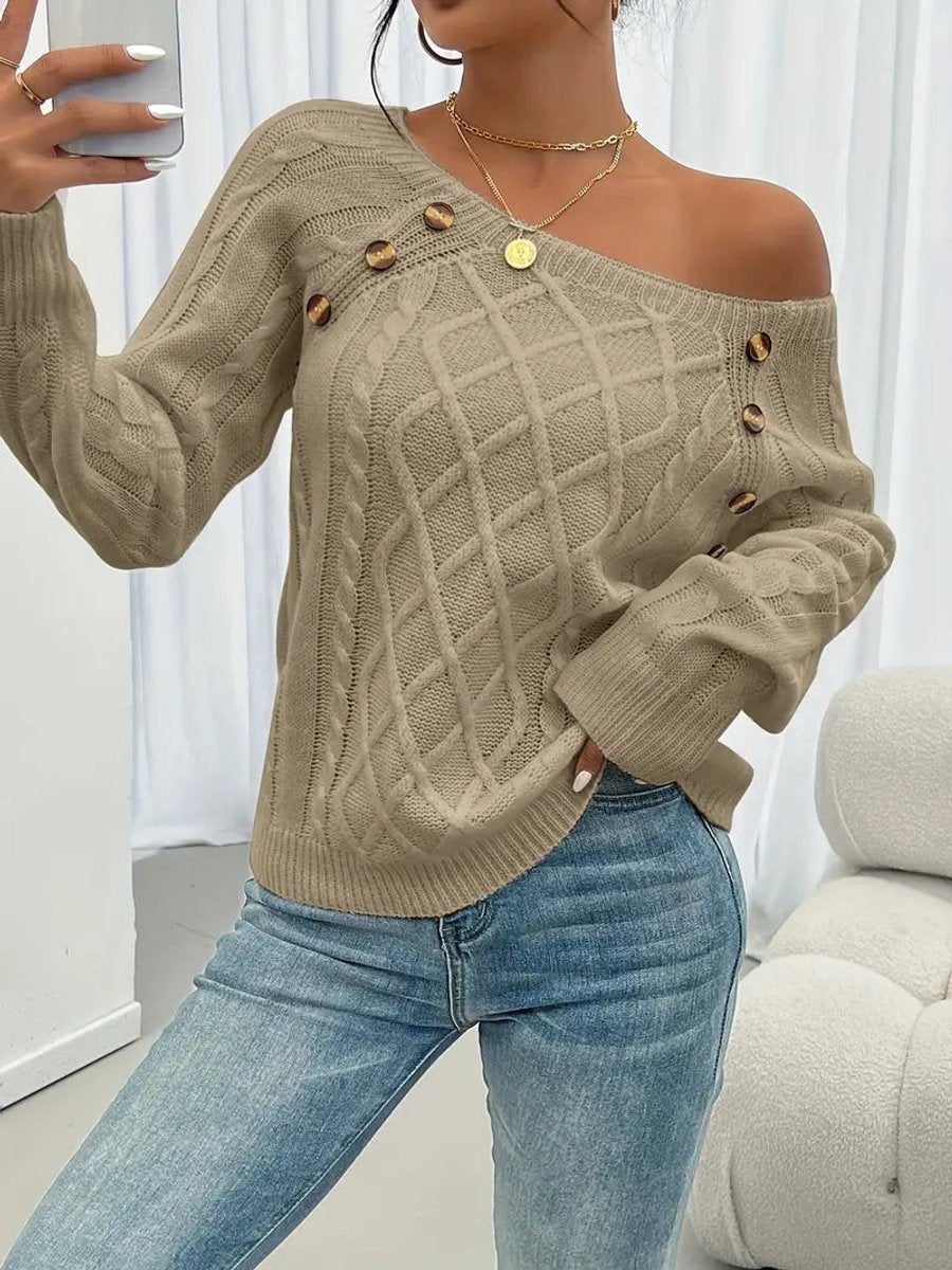Women's Cable Knit Sweater Round Neck Button Detail Jumper - Lifestyle & Model Angle | Lavisa