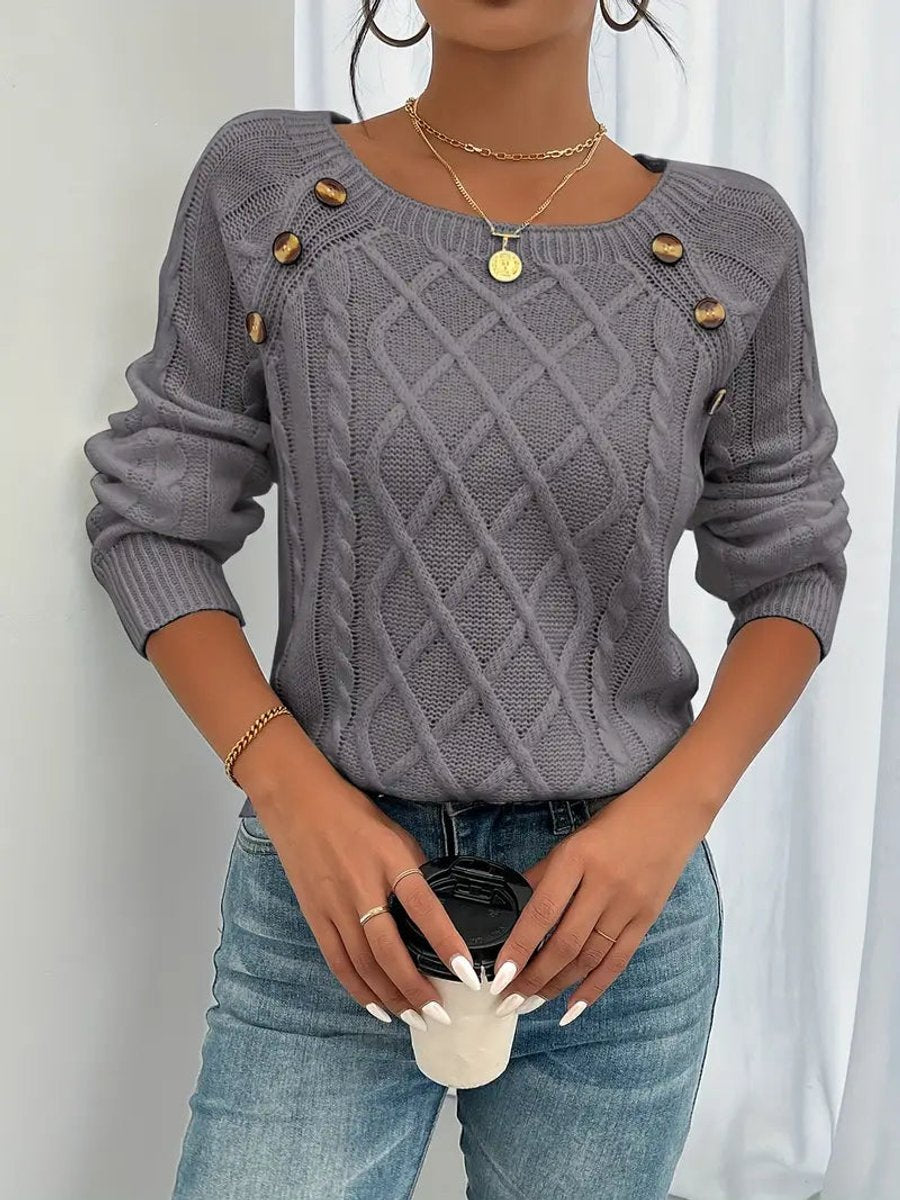 Women's Cable Knit Sweater Round Neck Button Detail Jumper - Variant Angle | Lavisa