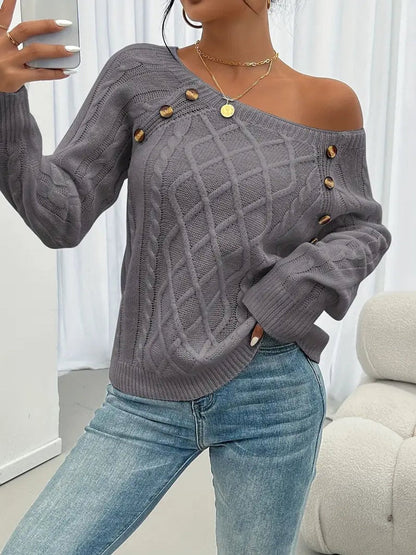 Women's Cable Knit Sweater Round Neck Button Detail Jumper - Variant Style 8 | Lavisa
