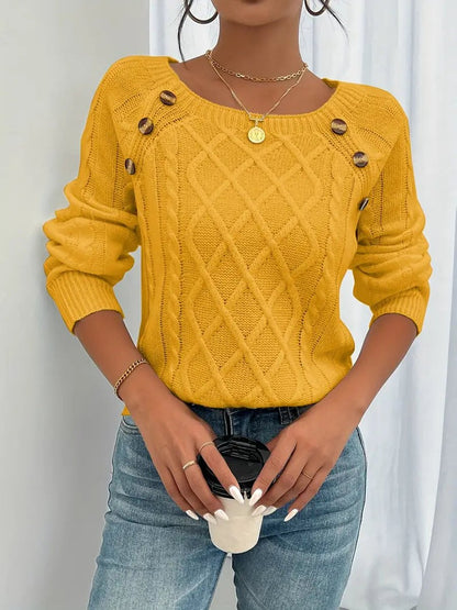 Women's Cable Knit Sweater Round Neck Button Detail Jumper - Variant Style 9 | Lavisa