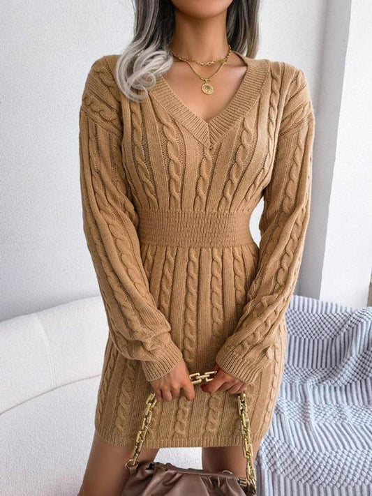 Lavisa - Women's Cable-Knit V-Neck Long Sleeve Formal Dresses Bodycon Mini