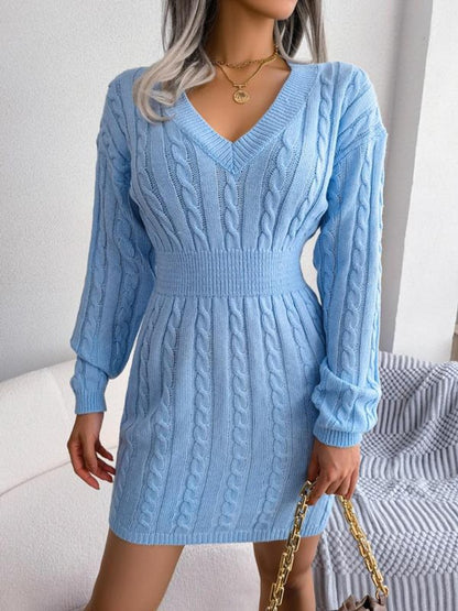 Women's Cable-Knit V-Neck Long Sleeve Formal Dresses Bodycon Mini - Side Angle | Lavisa