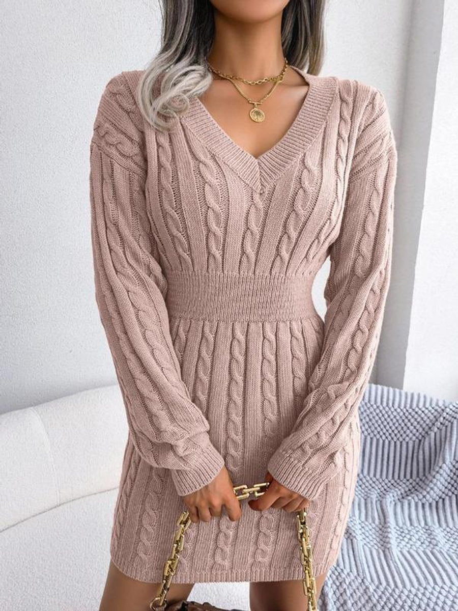Women's Cable-Knit V-Neck Long Sleeve Formal Dresses Bodycon Mini - Back View | Lavisa