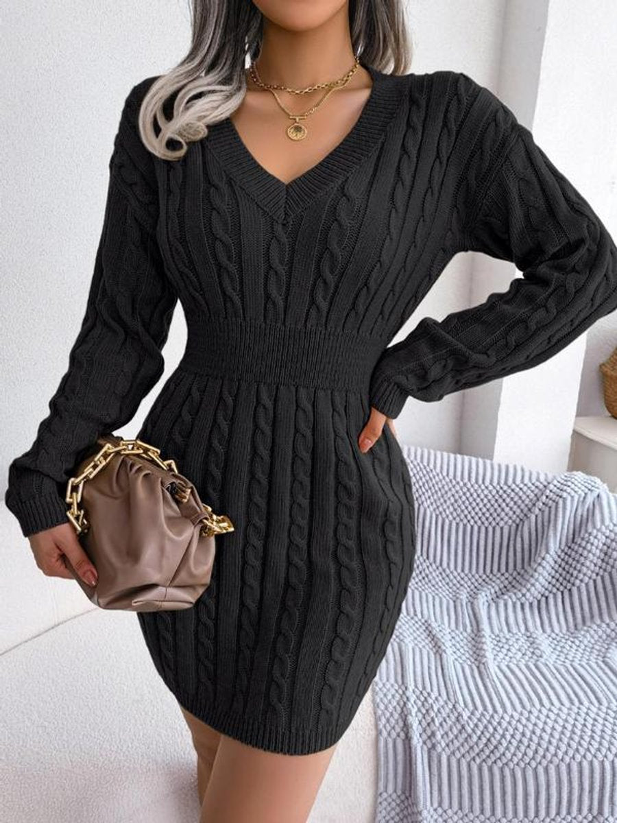Women's Cable-Knit V-Neck Long Sleeve Formal Dresses Bodycon Mini - Close-Up Texture & Detail | Lavisa