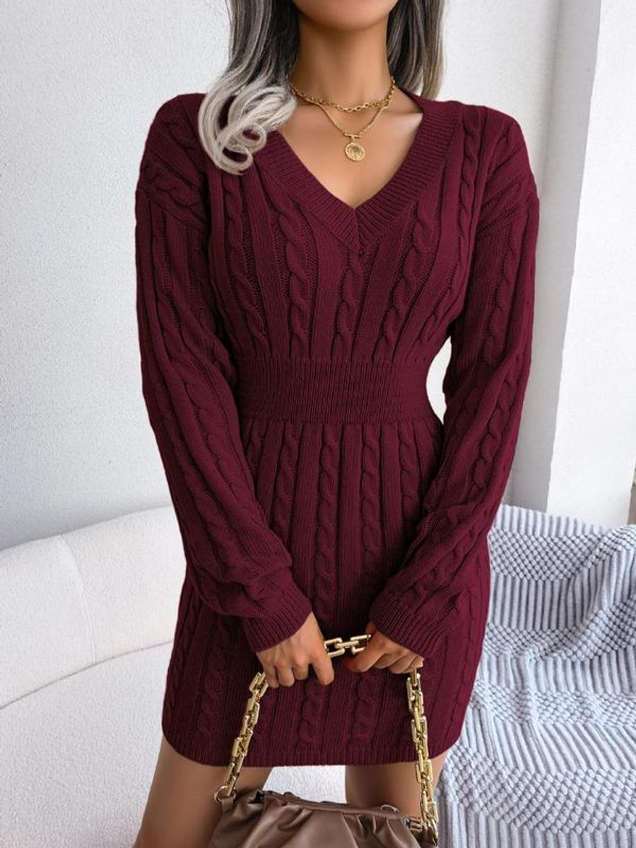 Women's Cable-Knit V-Neck Long Sleeve Formal Dresses Bodycon Mini - Sole & Material View | Lavisa