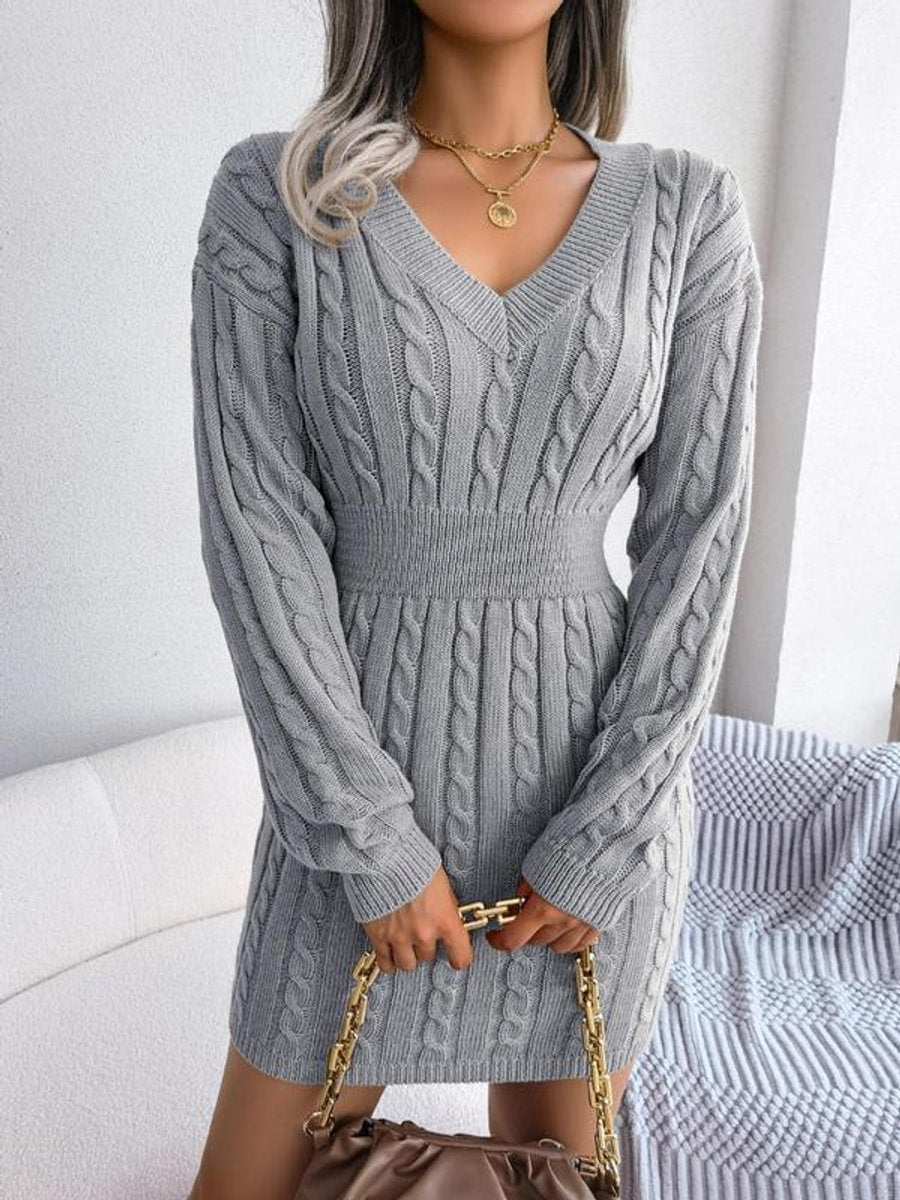 Women's Cable-Knit V-Neck Long Sleeve Formal Dresses Bodycon Mini - Lifestyle & Model Angle | Lavisa