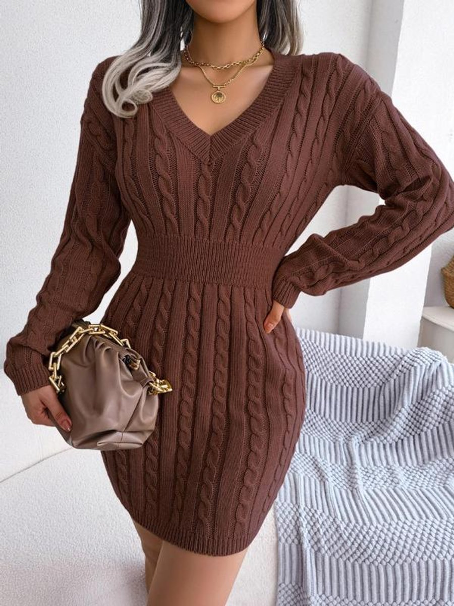 Women's Cable-Knit V-Neck Long Sleeve Formal Dresses Bodycon Mini - Variant Angle | Lavisa