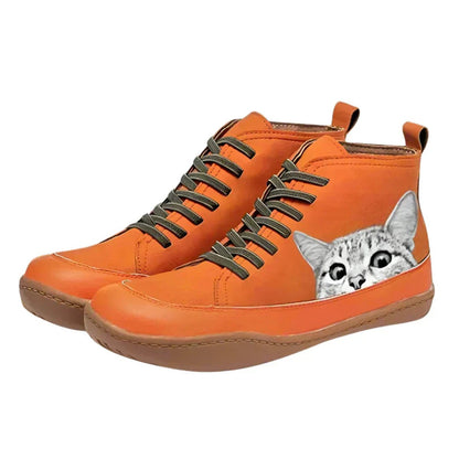 Womens Cat Print Lace Up Leather Ankle Boots Novelty Casual Shoes - Front View | Lavisa