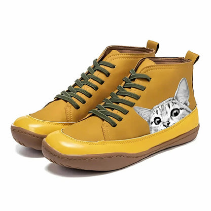 Womens Cat Print Lace Up Leather Ankle Boots Novelty Casual Shoes - Side Angle | Lavisa