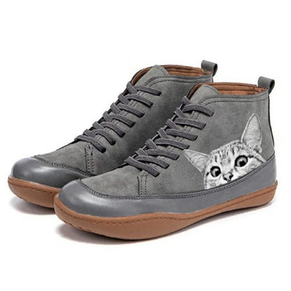 Womens Cat Print Lace Up Leather Ankle Boots Novelty Casual Shoes - Back View | Lavisa