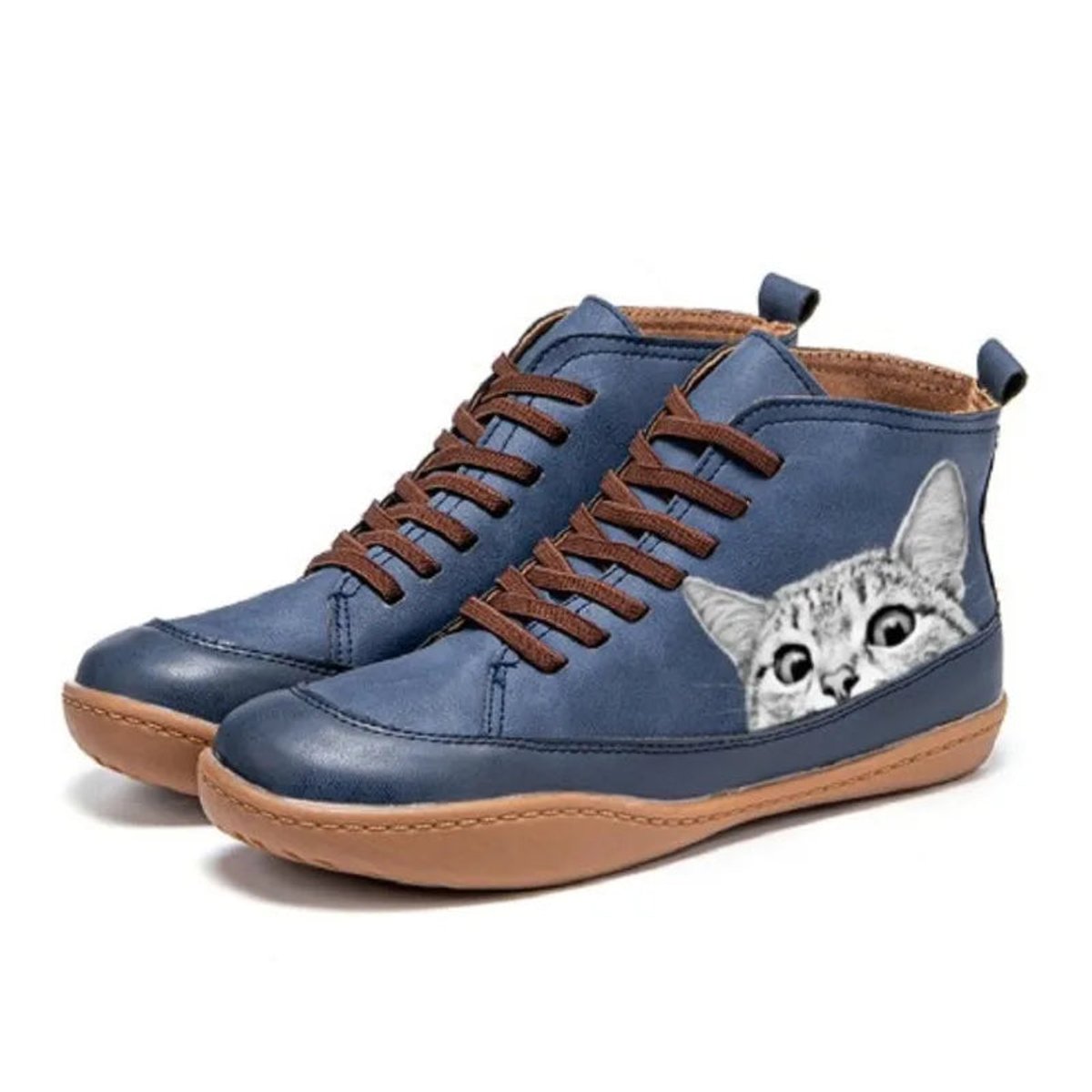 Womens Cat Print Lace Up Leather Ankle Boots Novelty Casual Shoes - Close-Up Texture & Detail | Lavisa
