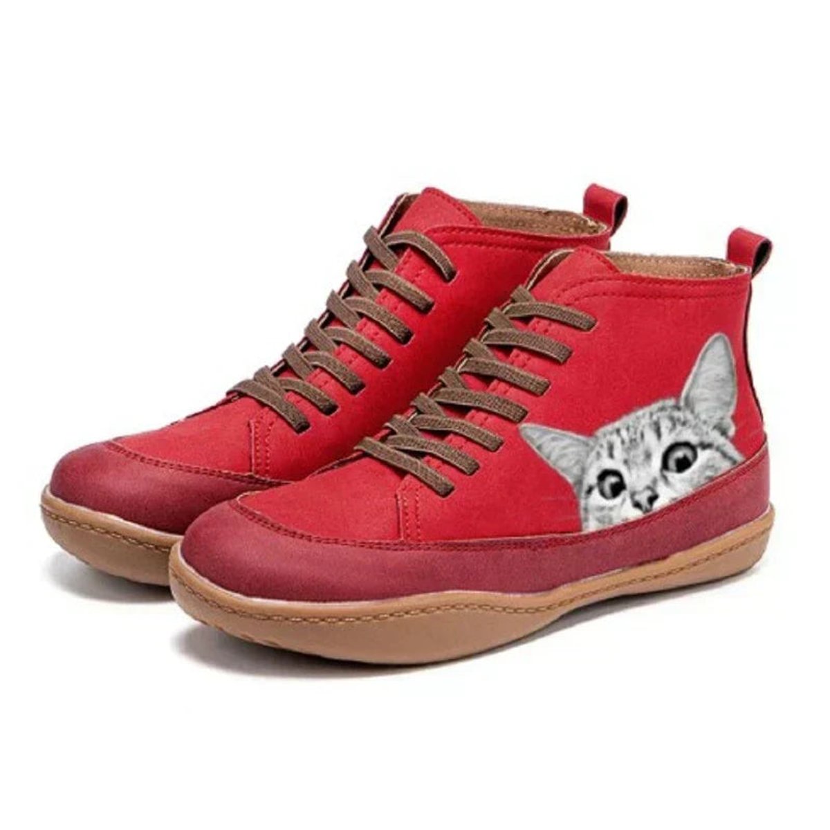 Womens Cat Print Lace Up Leather Ankle Boots Novelty Casual Shoes - Sole & Material View | Lavisa