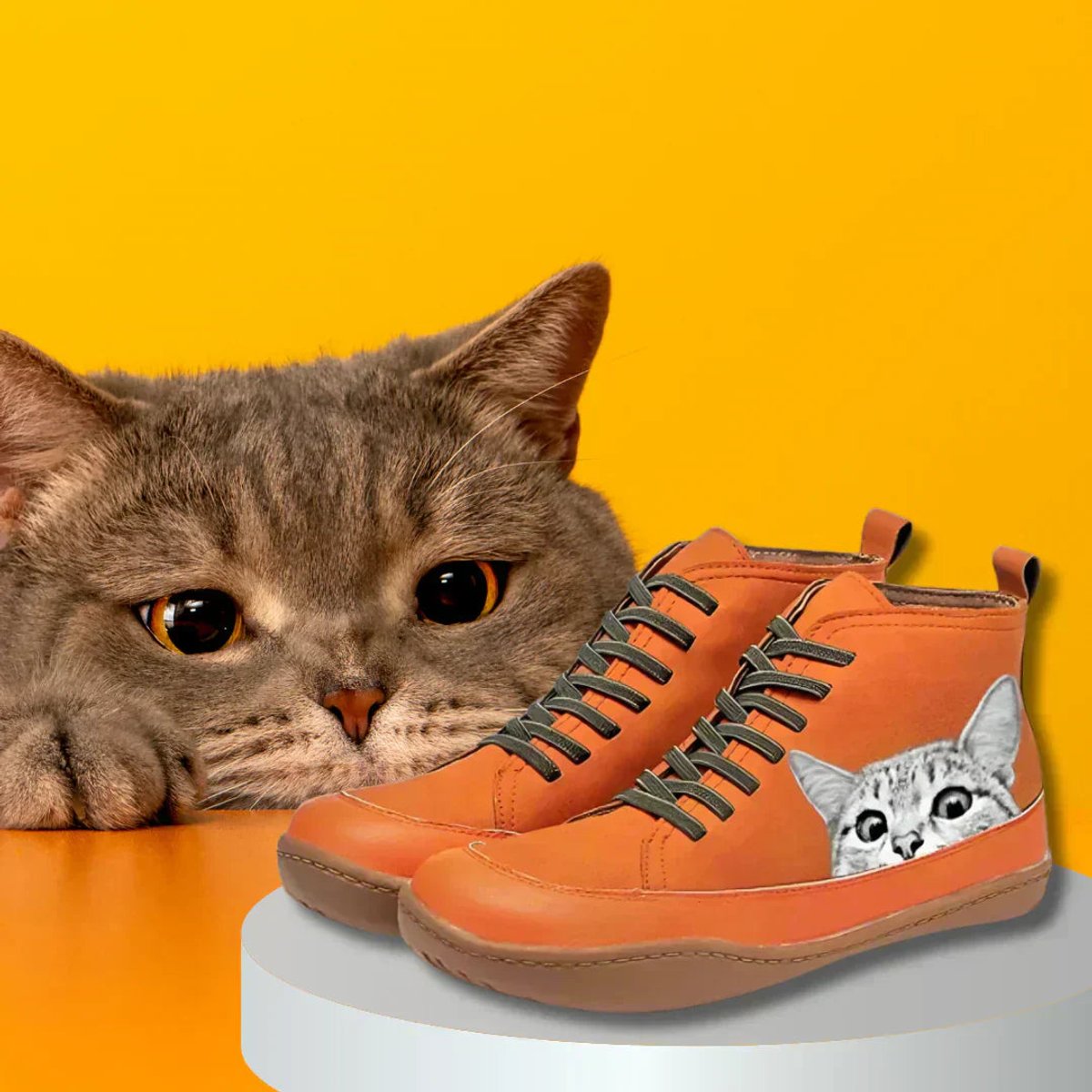 Womens Cat Print Lace Up Leather Ankle Boots Novelty Casual Shoes - Lifestyle & Model Angle | Lavisa