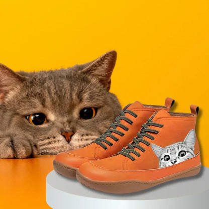 Womens Cat Print Lace Up Leather Ankle Boots Novelty Casual Shoes - Lifestyle & Model Angle | Lavisa