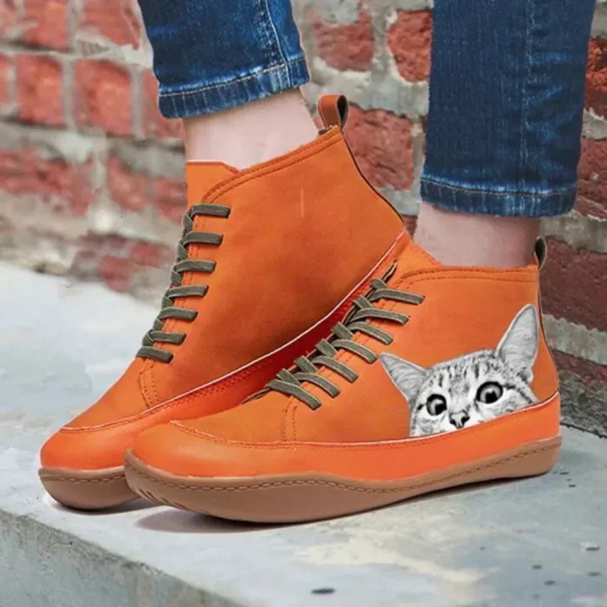 Womens Cat Print Lace Up Leather Ankle Boots Novelty Casual Shoes - Variant Angle | Lavisa