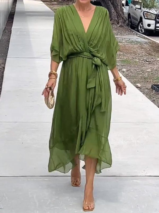 Women's V-Neck Belted Midi Cocktail Dress - Front View | Lavisa