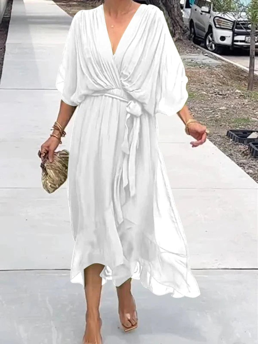 Women's V-Neck Belted Midi Cocktail Dress - Side Angle | Lavisa