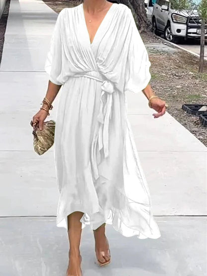 Women's V-Neck Belted Midi Cocktail Dress - Side Angle | Lavisa