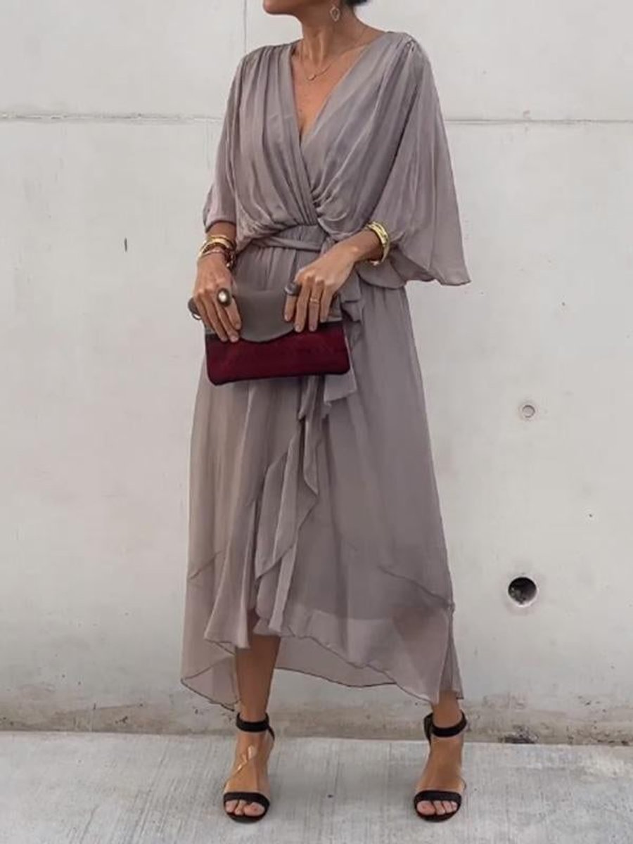 Women's V-Neck Belted Midi Cocktail Dress - Close-Up Texture & Detail | Lavisa