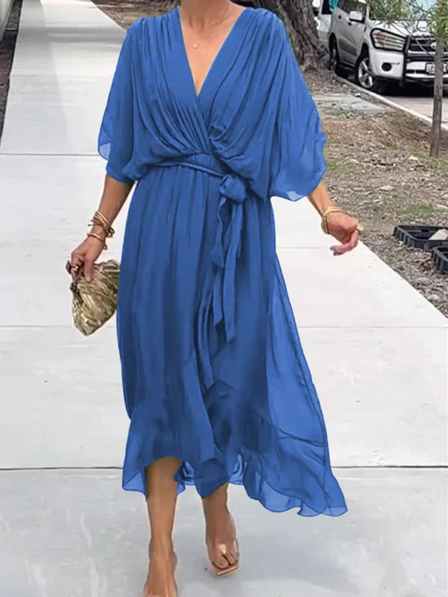 Women's V-Neck Belted Midi Cocktail Dress - Sole & Material View | Lavisa