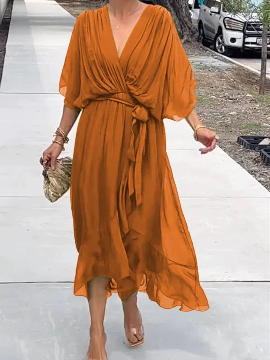 Women's V-Neck Belted Midi Cocktail Dress - Lifestyle & Model Angle | Lavisa