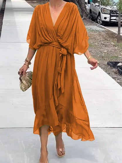 Women's V-Neck Belted Midi Cocktail Dress - Lifestyle & Model Angle | Lavisa
