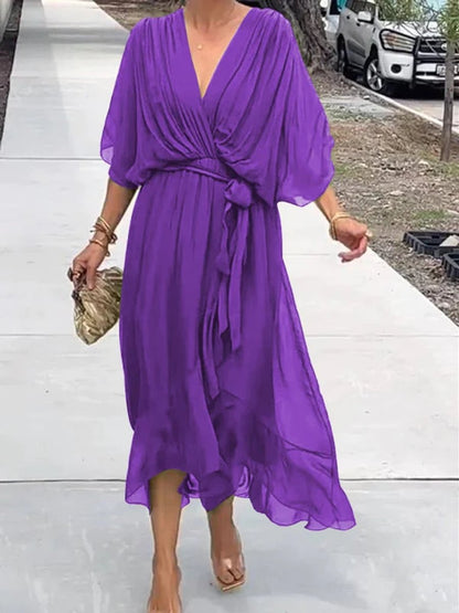 Women's V-Neck Belted Midi Cocktail Dress - Variant Angle | Lavisa