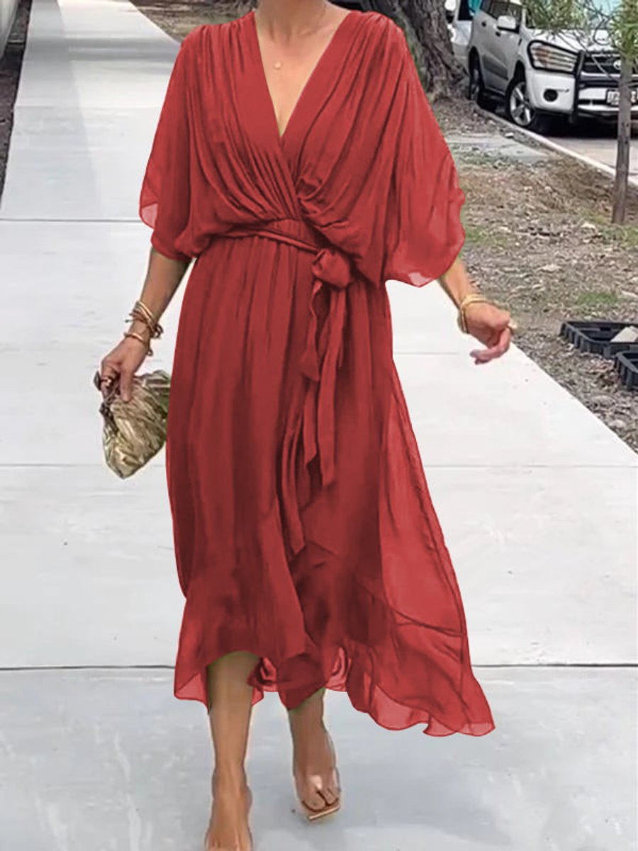 Women's V-Neck Belted Midi Cocktail Dress - Variant Style 8 | Lavisa