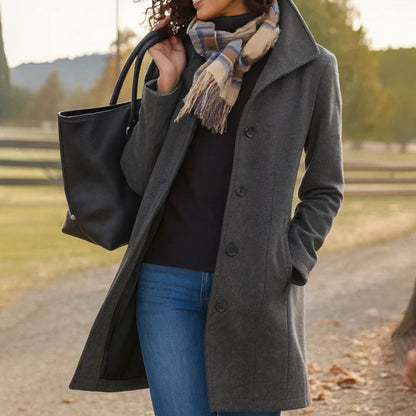 Women's Classic Mid-Length Stand Collar Coat - Side Angle | Lavisa