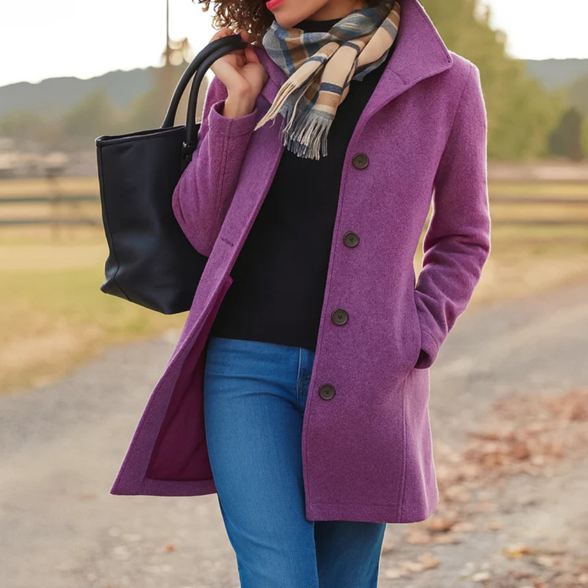 Women's Classic Mid-Length Stand Collar Coat - Close-Up Texture & Detail | Lavisa