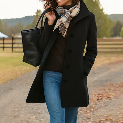 Women's Classic Mid-Length Stand Collar Coat - Sole & Material View | Lavisa
