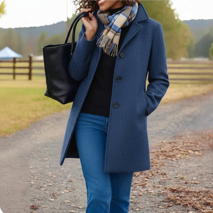 Women's Classic Mid-Length Stand Collar Coat - Lifestyle & Model Angle | Lavisa