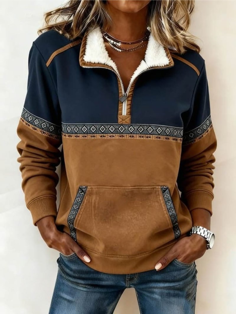 Lavisa - Women's Colour-Block Aztec Quarter-Zip Fleece Pullover Jumper