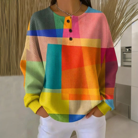 Lavisa - Women's Colourblock Waffle-Knit Button-Neck Pullover Sweater