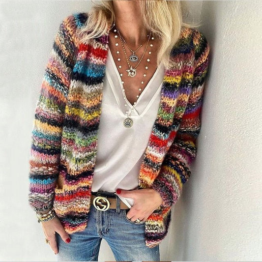 Lavisa - Women's Cosy Multicolour Long-Sleeve Open-Front Knitted Cardigan