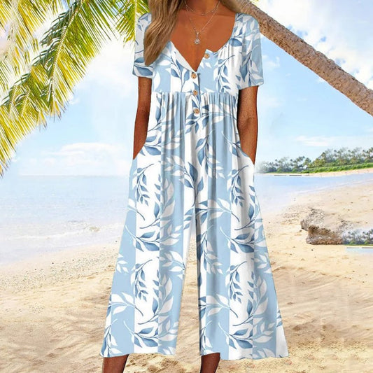 Lavisa - Women's Cotton Button-Front Short-Sleeve Culotte Jumpsuit