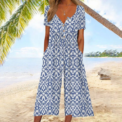 Women's Cotton Button-Front Short-Sleeve Culotte Jumpsuit - Side Angle | Lavisa