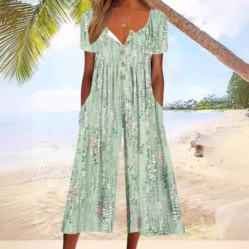 Women's Cotton Button-Front Short-Sleeve Culotte Jumpsuit - Back View | Lavisa