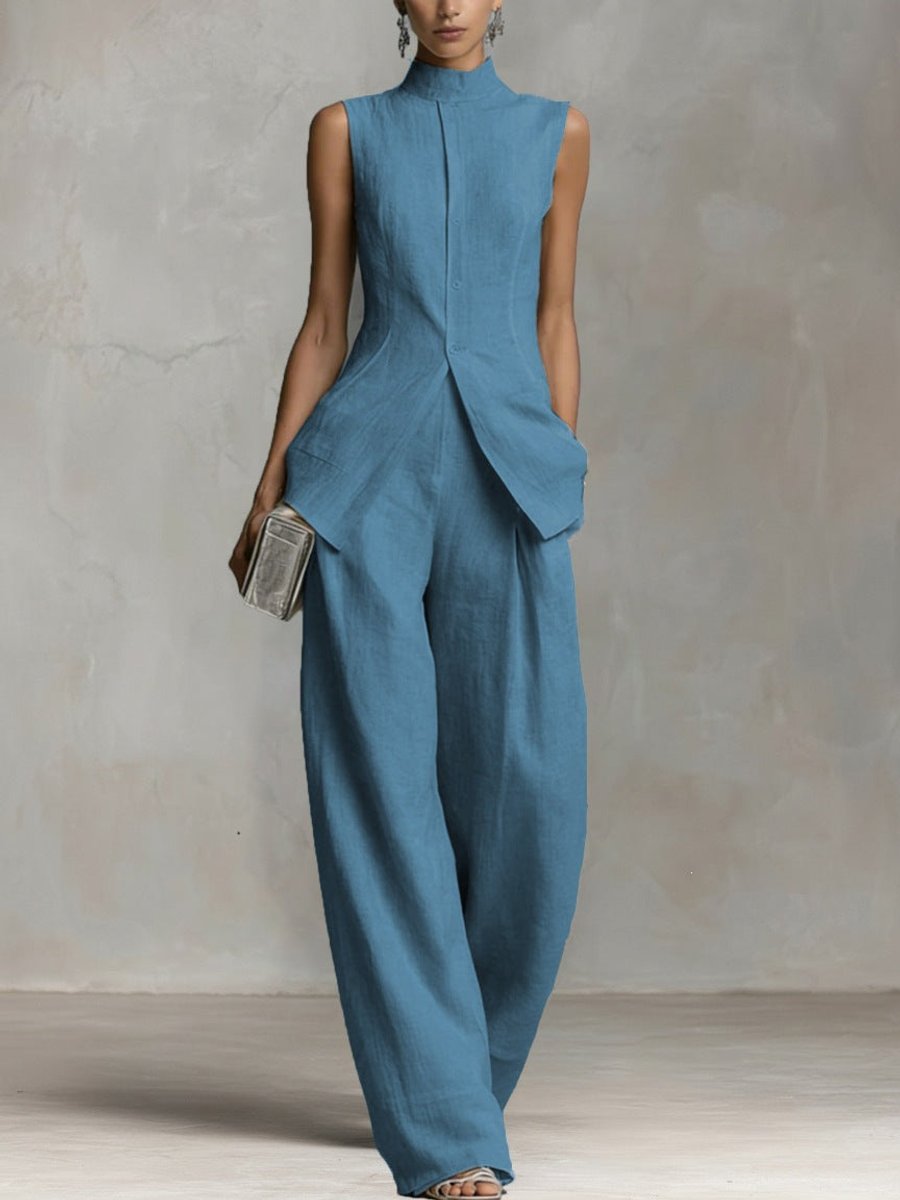 Women's Cotton-Linen Stand-Collar Wide-Leg Two-Piece Set - Variant Style 10 | Lavisa