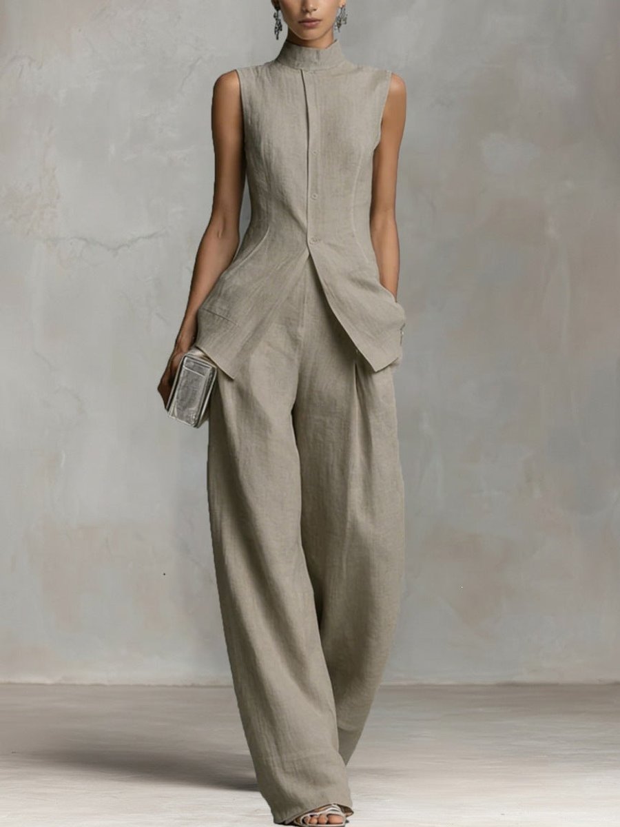 Women's Cotton-Linen Stand-Collar Wide-Leg Two-Piece Set - Variant Style 11 | Lavisa