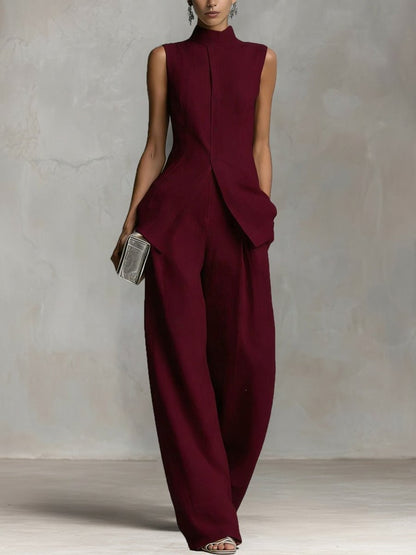 Women's Cotton-Linen Stand-Collar Wide-Leg Two-Piece Set - Variant Style 12 | Lavisa