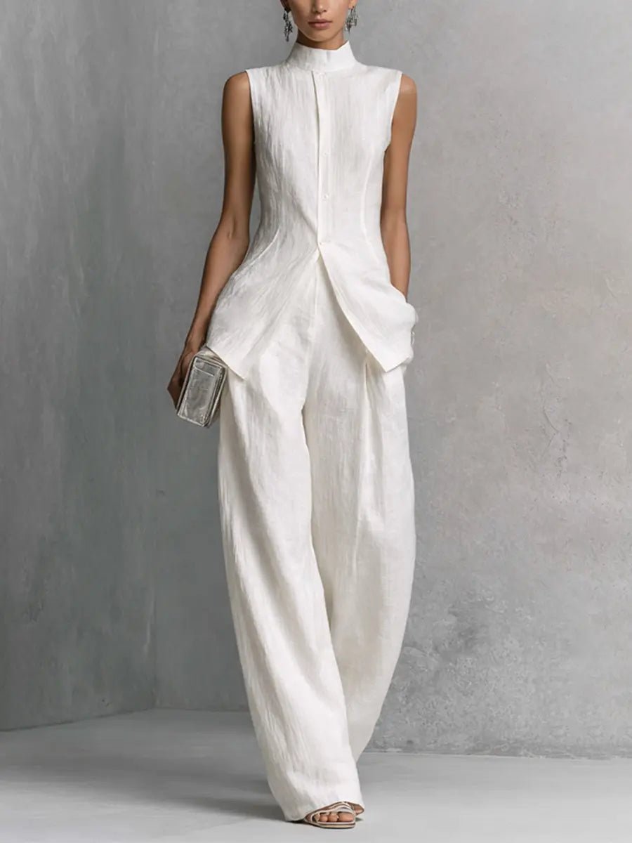 Women's Cotton-Linen Stand-Collar Wide-Leg Two-Piece Set - Front View | Lavisa