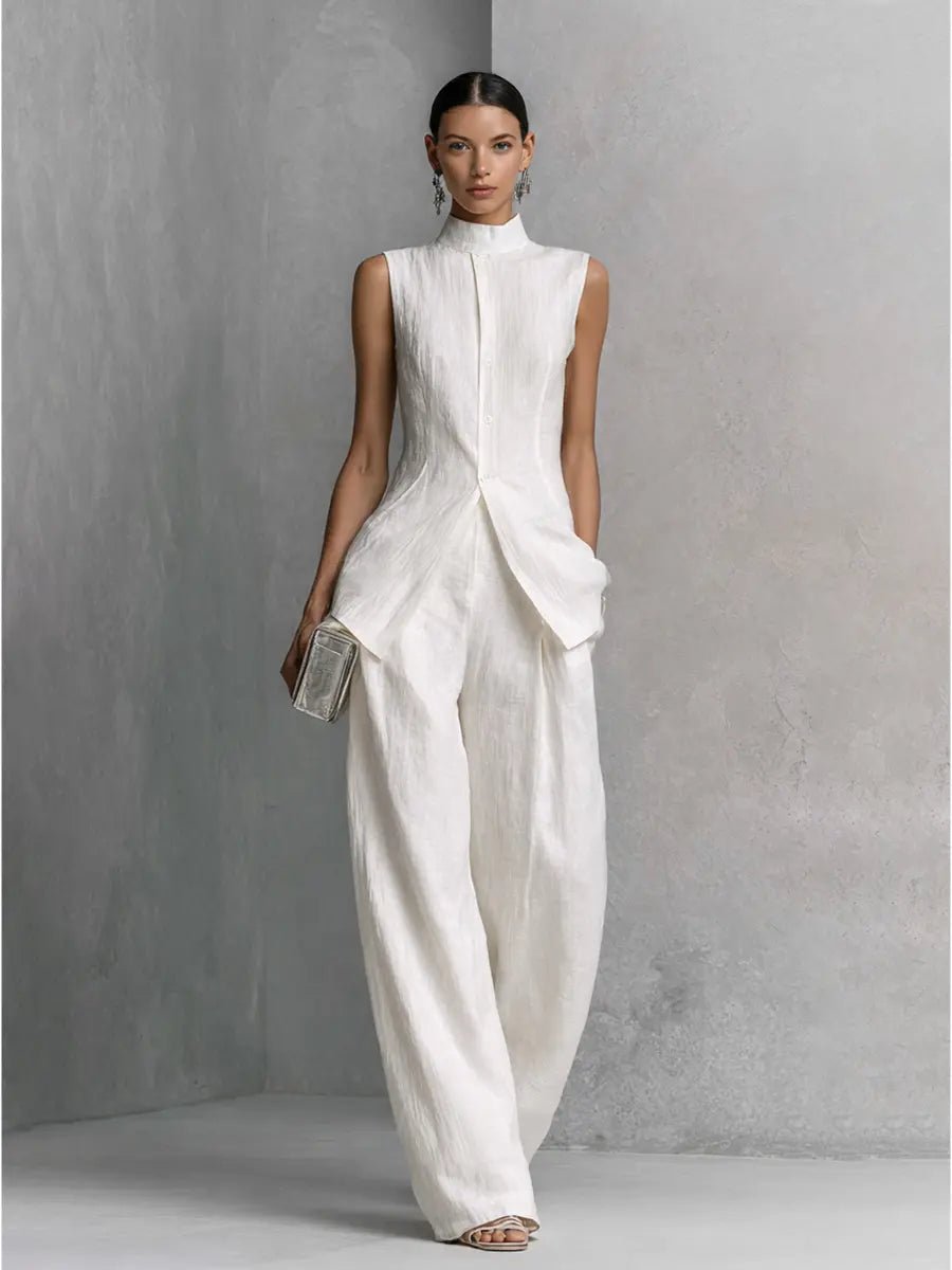 Women's Cotton-Linen Stand-Collar Wide-Leg Two-Piece Set - Side Angle | Lavisa